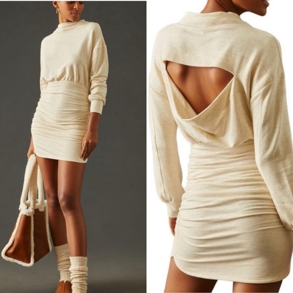 Anthropologie Daily Practice Light Sand Ruched Long Sleeve Dress small - Picture 1 of 7